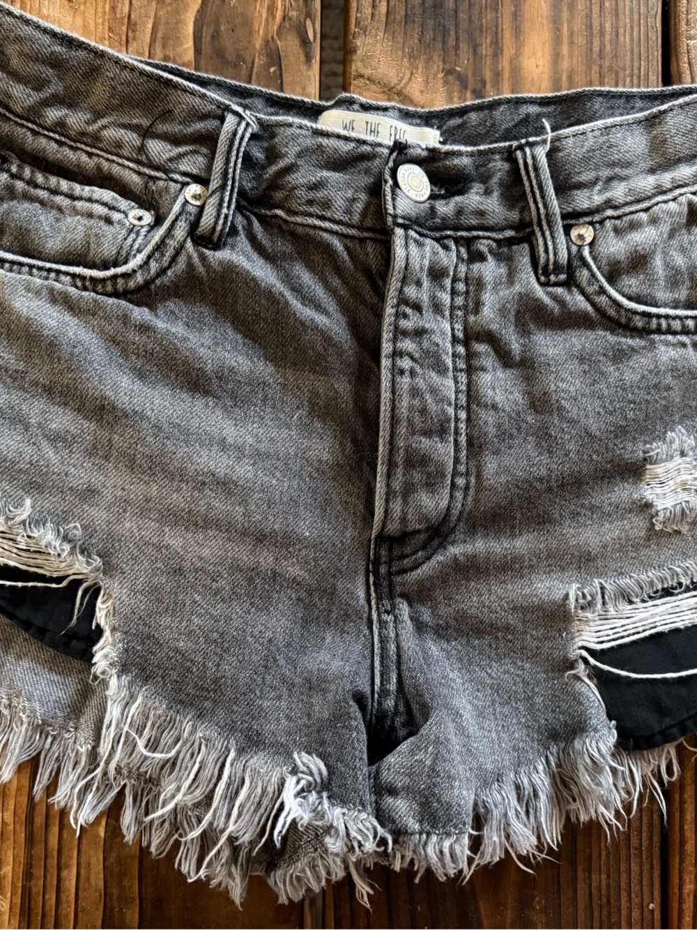 We The Free Distressed Frayed Hem Women's Denim Shorts - Gray Black.